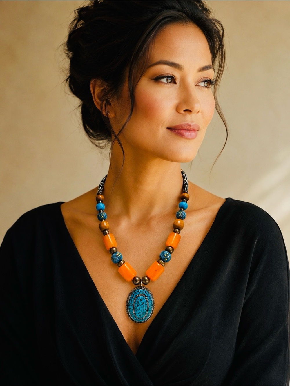 Bold Turquoise & Orange Beaded Pendant Necklace